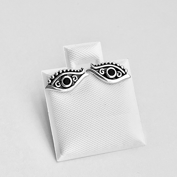 Sterling Silver Egyptian Eye Earrings with Black CZ, Religious Earring, Evil Eye - Picture 6 of 12